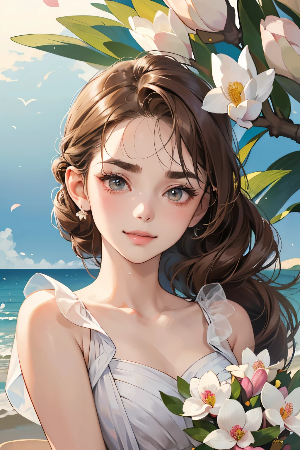 (masutepiece, Digital Art, Digital Illustration, 4K, 8K, Ultra-detailed, beautiful image, Sharp Image, Photorealistic, Raw photo, Perfect face, Perfect lines, Perfect eyes, Soft lighting) 1 woman, (lightbrown hair,Chignon Hair,Innocent look,drooping eyebrows,drooing eyes,with round face,Round jaws、Innocence,cute little,big eye,natural make up,kindly smile,E-cup,23 y-o woman:1.3),Two handsome men in suits, (ember,Men in suits,well-muscled,Firm shoulder width,Adult male,Boyish hairstyle,Man in his 30s with a cool expression,28-year-old man with bright smile:1.2),shores、beach wedding,(embarrassed from,Shy smile,magnolia bouquet:1.2),sea side、the kiss、kiss、a couple、couple kissing、Romance、weddingdress、Wedding、A slight smil