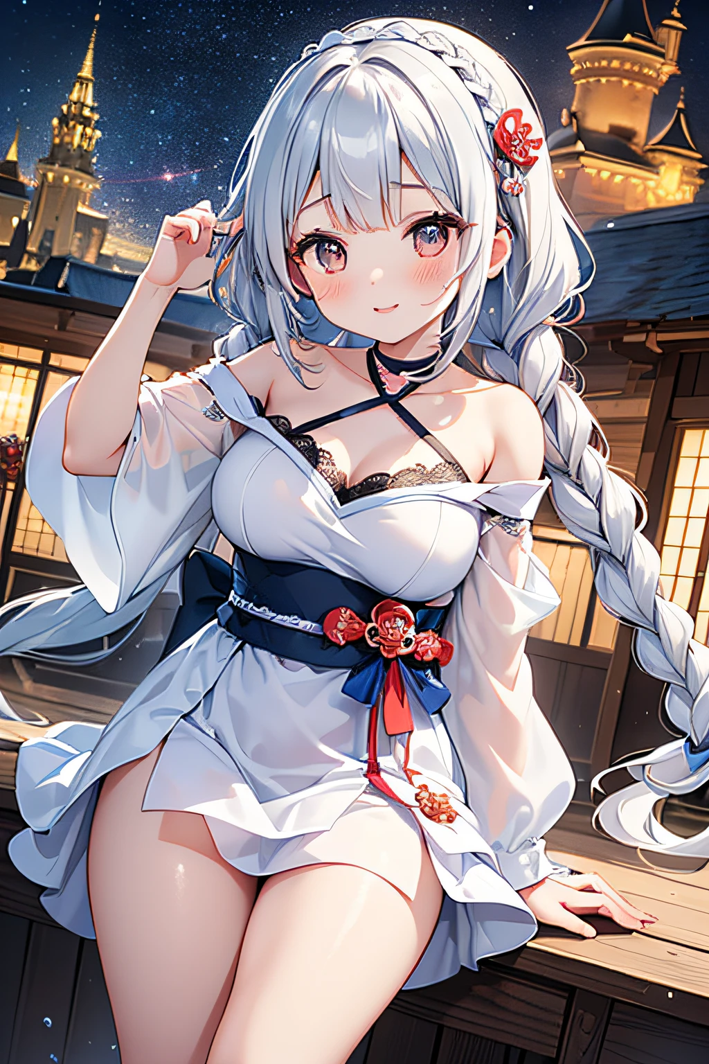 (ukiyoe painting:1.3),(3D Animation:1.3),(Grimm fairy tale world),(Aschenputtel,Cinderella,princess covered in ash:1.3),(Cinderella's Castle in the background:1.3),(((lace off shoulder white dress))),.(Make the subject look three-dimensional with the contrast of light and shadow),Cute and beautiful girl,Cute round face,Cute smile,with blush cheeks,Red Lip,(silver white hair,Floral braided headband,half up、Floral Braided Space Van,Voluminous Fishtail Braids,Twisted chignon,),(Bangs are see-through bangs),hair pin,hair adornments,detailed clothes features,Detailed hair features,detailed facial features,(Dynamic angles),(Dynamic and sexy poses),profetional lighting,Cinematic Light,(masutepiece,top-quality,Ultra-high resolution output image, depth of fields,) ,(The 8k quality,depth of fields,Anatomically accurate facial structure,),(Sea Art 2 Mode:1.3),(Image Mode Ultra HD,)