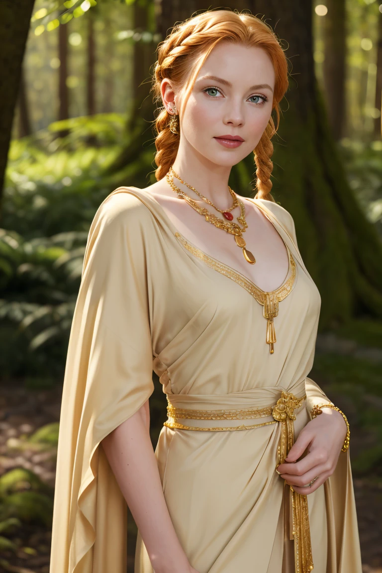 (Grace Kelly:Marilyn Monroe:0.5), A 35-year-old woman with ginger hair, high detail face, high detail skin, detailed green eyes, twin braids, a gold necklace with a ruby pendant, wearing a plunging white Greek robe, Roman sandals, gold bracelets on her arms, legs, forest in the background, masterpiece, extremely high detail, cinematic lighting, backlight, shallow depth of field, bokeh, sharp focus, RAW photo