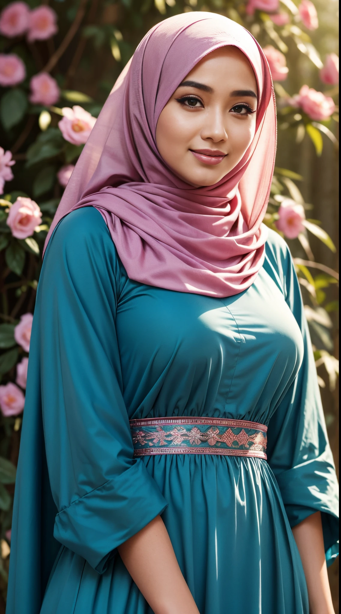 RAW, Best quality, high resolution, masterpiece: 1.3), beautiful Malay woman in hijab (iu:0.8), perfect nose, perfect lips, beautiful face, perfect eyes, detail :1.2),((big breasts)), masterpiece, quality best, very detailed,perfect body,full body, woman in blue dress and pink shawl, simple flowing dress, inspired by Osman Hamdi Bey, woman's long dress, hijab, wearing long flowing fabric, pink and teal, detailed face, petals double eyes, smiling) background of old building in forest, closed mouth, (close up)