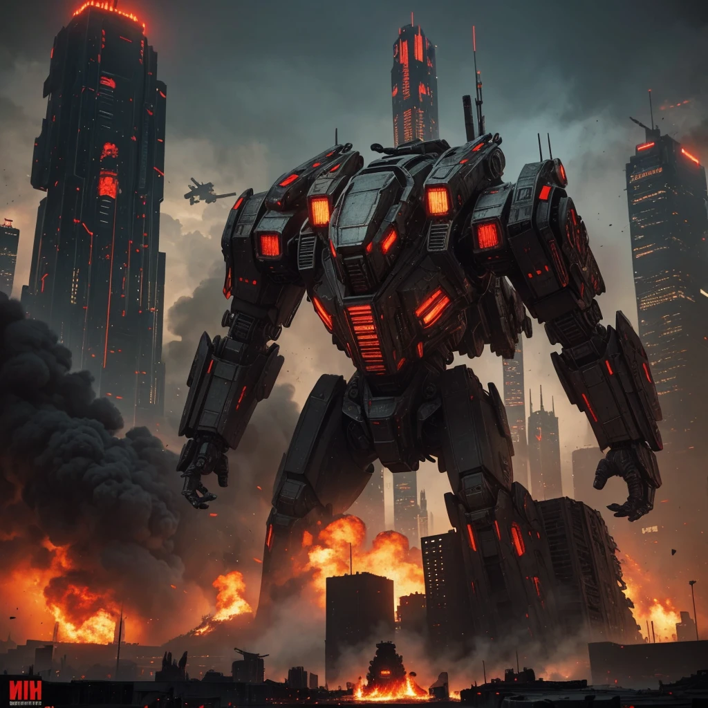Realistic mech, red and black, ruined alien city landscape, very detailed picture, very high resolution, city on fire, armored and intimidating, in the style of mechwarrior game, skyscrapers in background