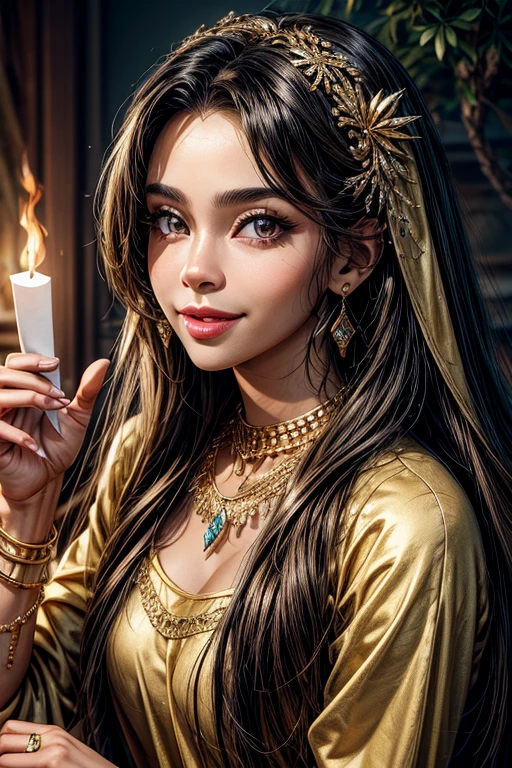 Masterpiece, Best quality, Pandreo Fe, only, Looking at viewer, Smile, a melanin woman, hair between eyes, jewelry, Upper body, Female focus, Earrings, Fire, paper