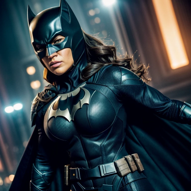 Jennifer Lopez as Batwoman, body Closeup, wearing Batman armour, dynamic pose, Batwoman outfits, muscles beauty, heroic look, athletic build, tight costume, very beautiful, sexy, Big natural breast, cleavage, Mature, milf, Full body shot, body close up, symmetrical, perfect face and body, 4k, high-res, masterpiece, best quality, sharp focus, (cinematic lighting), detailed face,