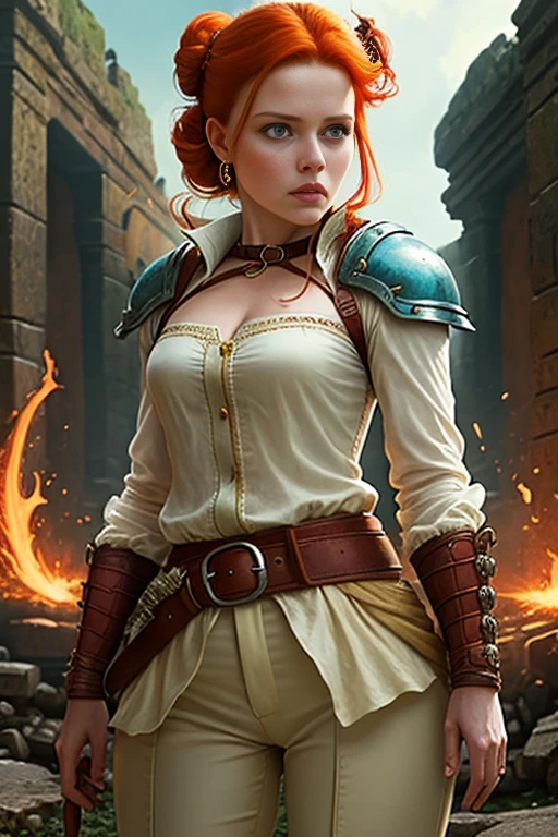 (Face-BarbaraPalvin:0.8) (D&D rogue character:1.2) painting ginger woman auburn hair (updo:1.1) white button shirt see through leather pants pauldron teal armor belts straps detailed background ancient ruins (small_breasts:1.1) (masterpiece) (best quality) (detailed) (8k) (wallpaper) (cinematic lighting) (sharp focus) (intricate) (Style-Autumn:0.5)