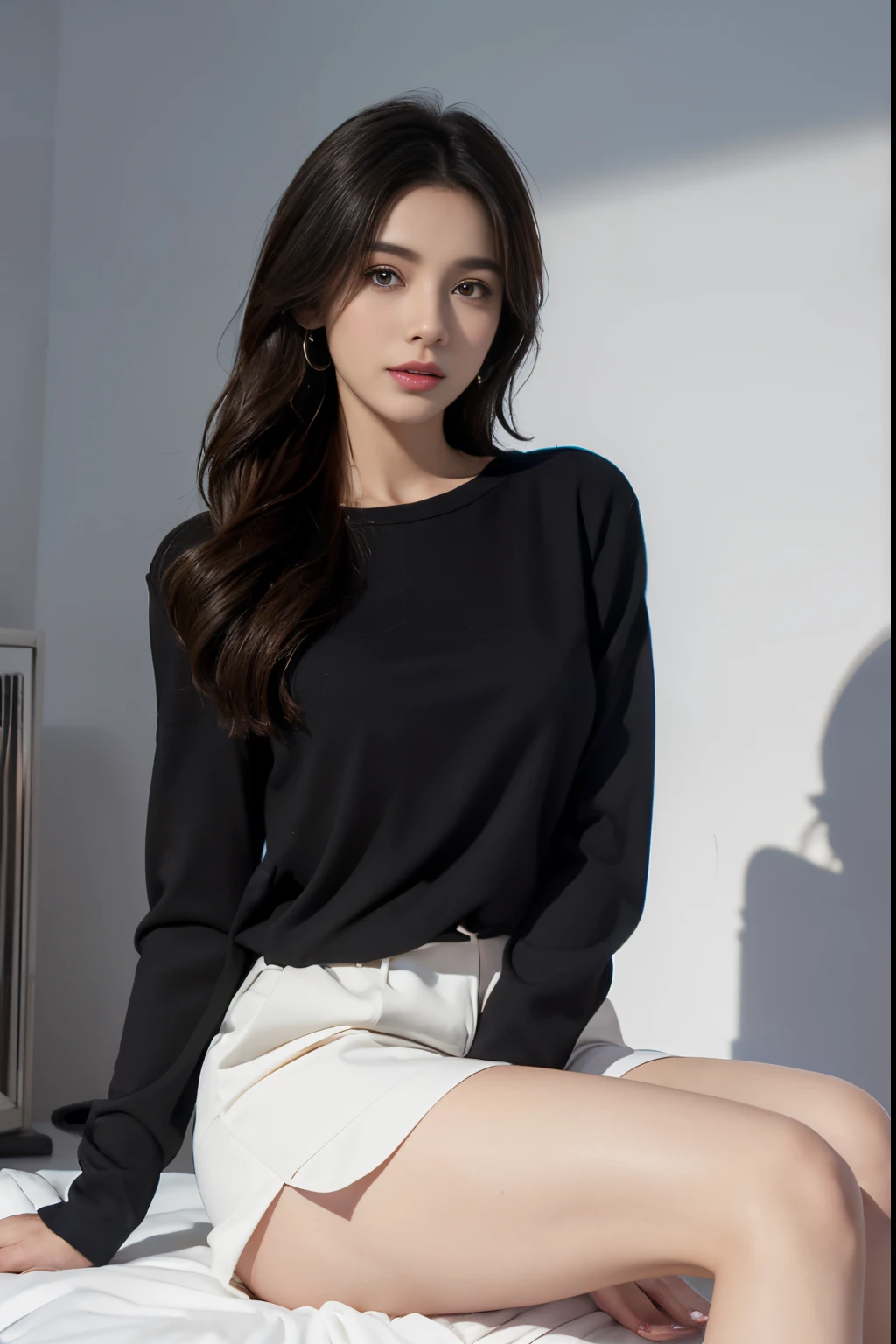 (RAW photo, best quality), (realistic, photo-realistic:1.3), masterpiece, an extremely delicate and beautiful, extremely detailed, CG, unity, 8k, amazing, finely detail, ultra-detailed, highres, absurdres, soft light, (black hair, short hair, curly hair, messy hair, bangs), beautiful detailed girl, detailed fingers, extremely detailed eyes and face, beautiful detailed nose, beautiful detailed eyes, (light on face), looking at viewer, (closed mouth:1.2), 1girl, cute, young, mature face, pale skin, (half body:1.3, sitting), (medium breasts), realistic face, realistic body, beautiful detailed thigh, (ulzzang-6500-v1.1:0.6), black shirt, (semi smile:1.3),