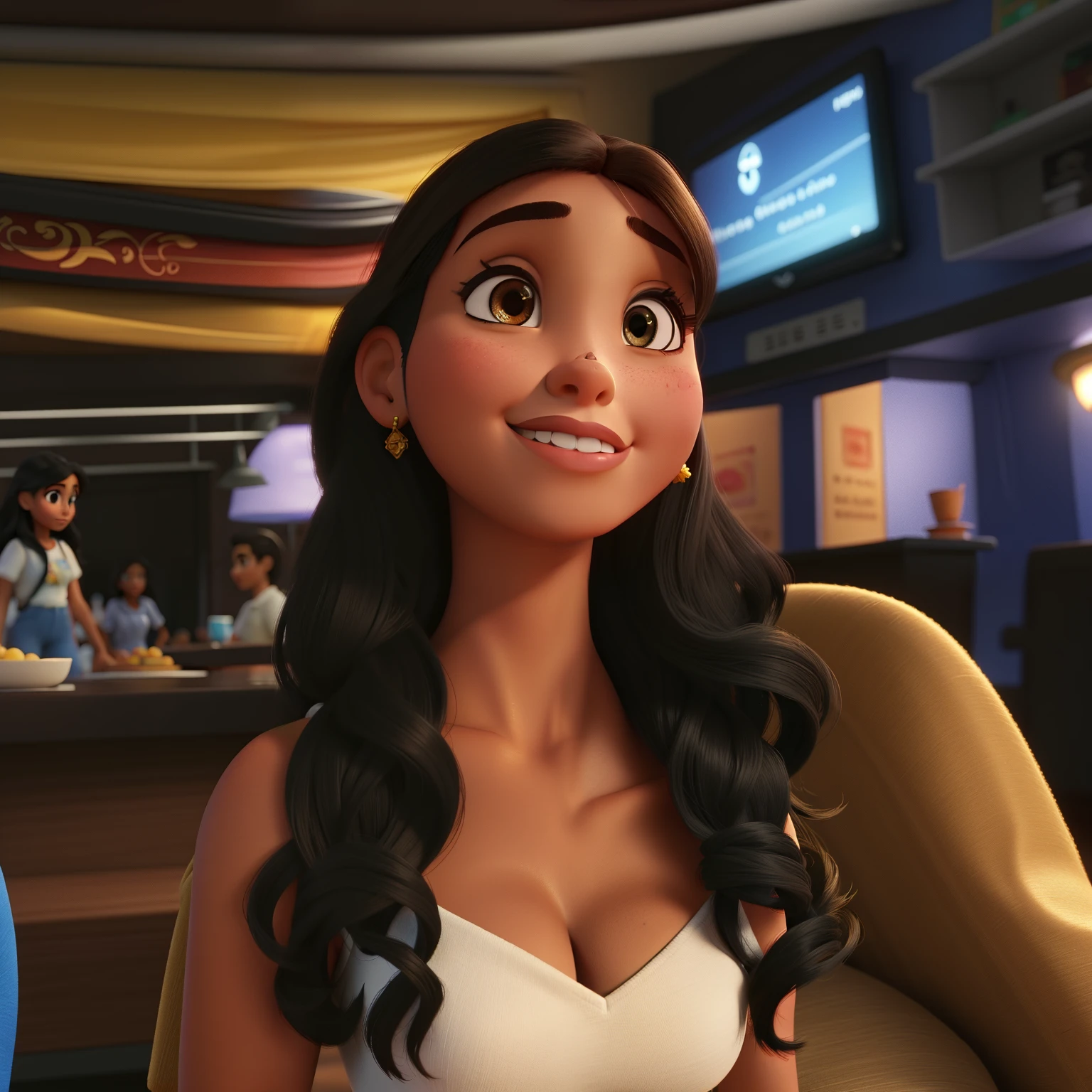 mulher morena tirando foto, estilo disney pixar, alta qualidade, melhor qualidade