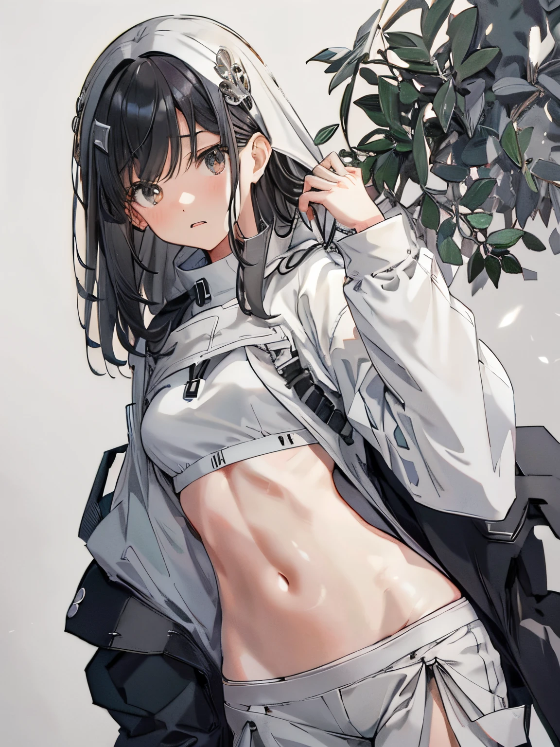 【Highest Quality, masutepiece】 [girl, Manteau, expressioness, brown eyes, front facing, Black hair, Slender beauty,straight haired, Bery short hair ,Upper body] (Gray white background:1.5), Surprised,shirt Lift,beauty skin,