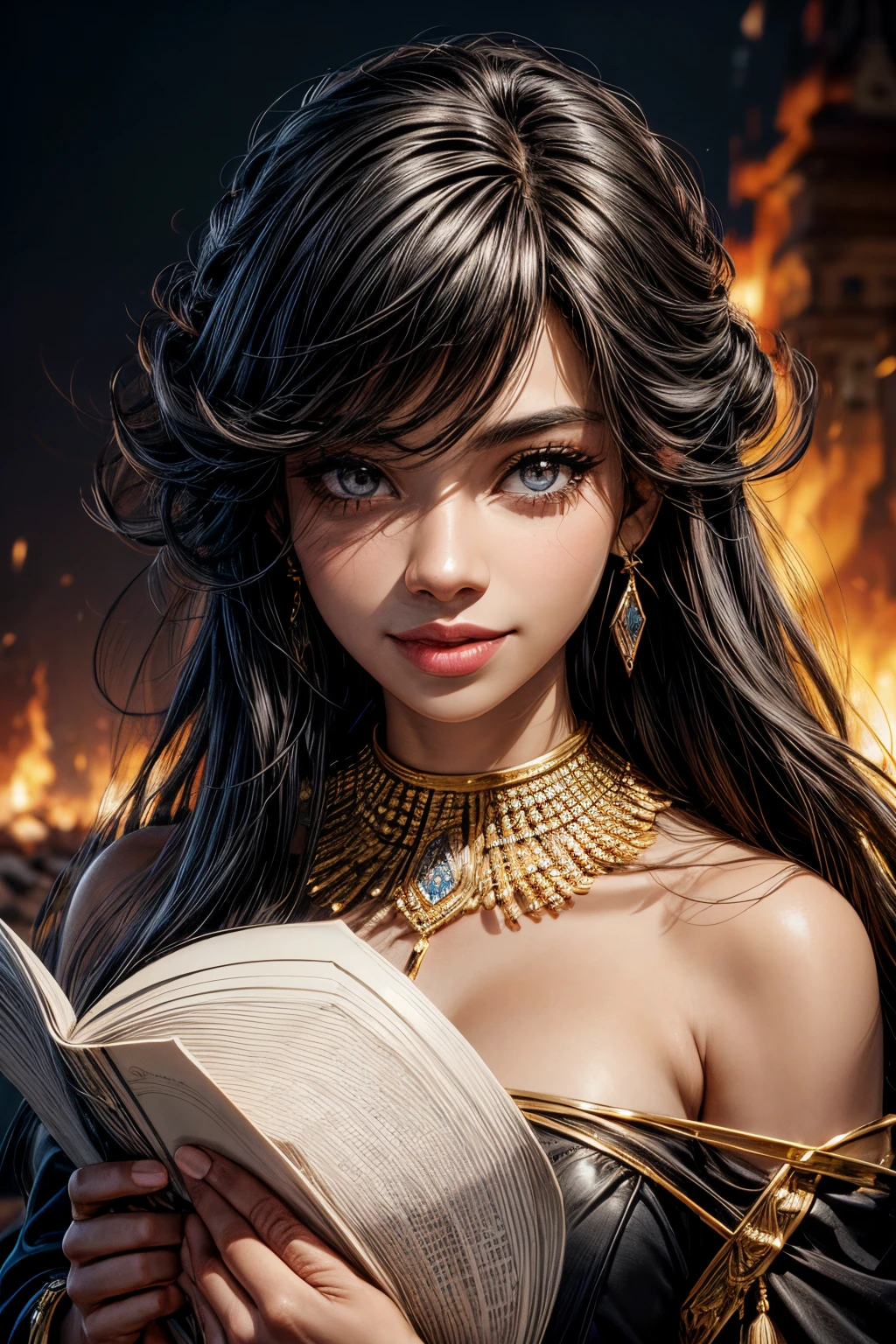 Masterpiece, Best quality, Pandreo Fe, only, Looking at viewer, Smile, 1black woman, hair between eyes, jewelry, Upper body, Female focus, Earrings, Fire, paper