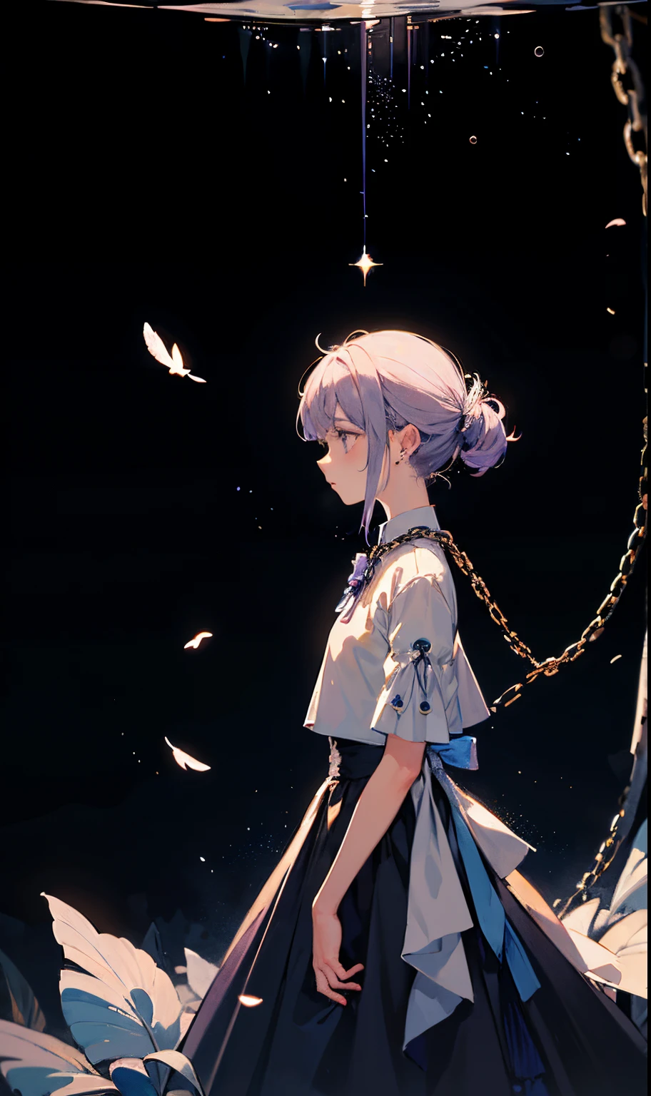 magical and evocative illustration that represents the passage of time in a chain of broken hearts. Use soft tones of lilac and light blue to convey a poetic feeling. From the top, small celestial particles literally fall and gradually transform into a deeper shade of lilac, symbolizing the transition between illusion and heartbreak.