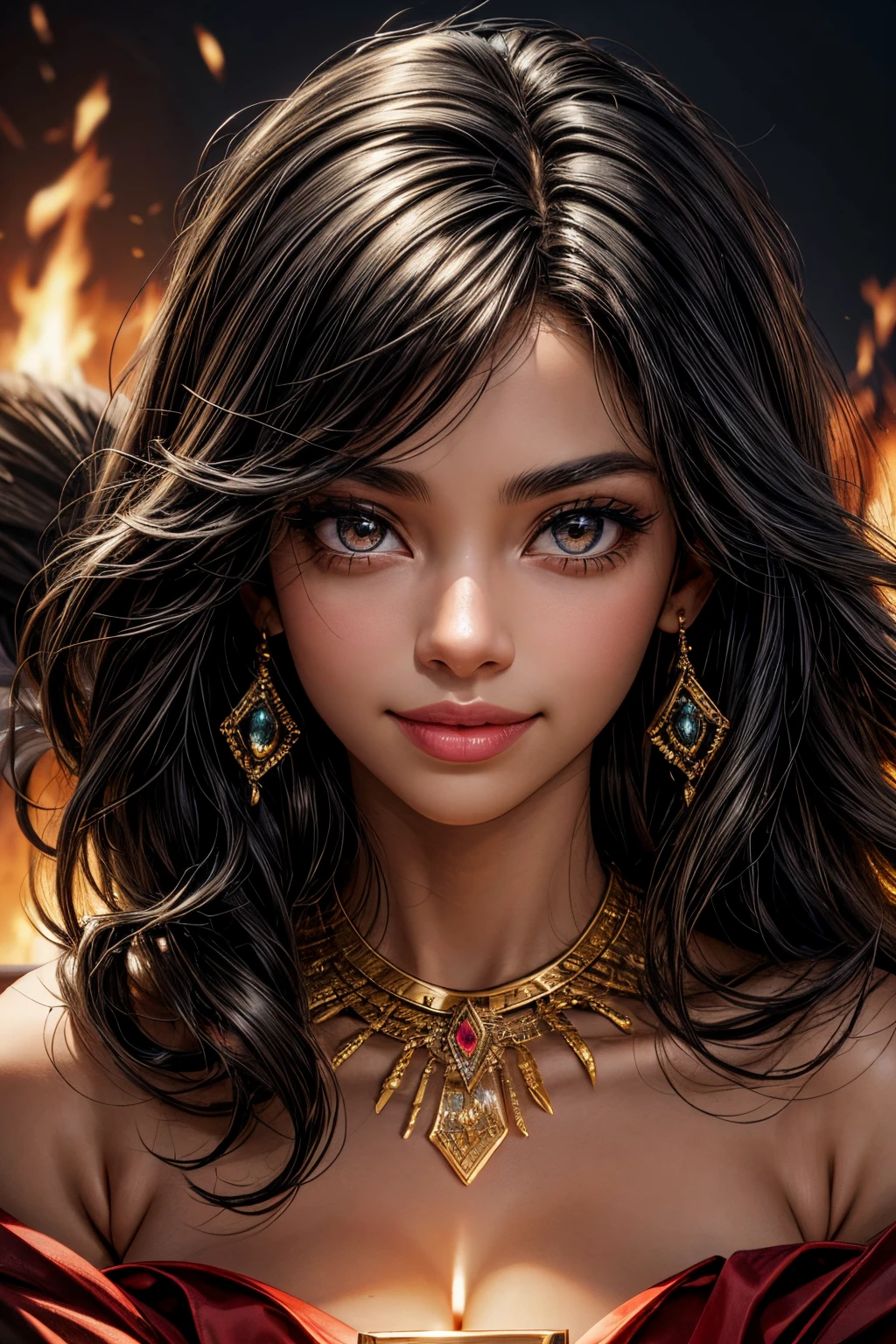 Masterpiece, Best quality, Pandreo Fe, only, Looking at viewer, Smile, 1black woman, hair between eyes, jewelry, Upper body, Female focus, Earrings, Fire, paper