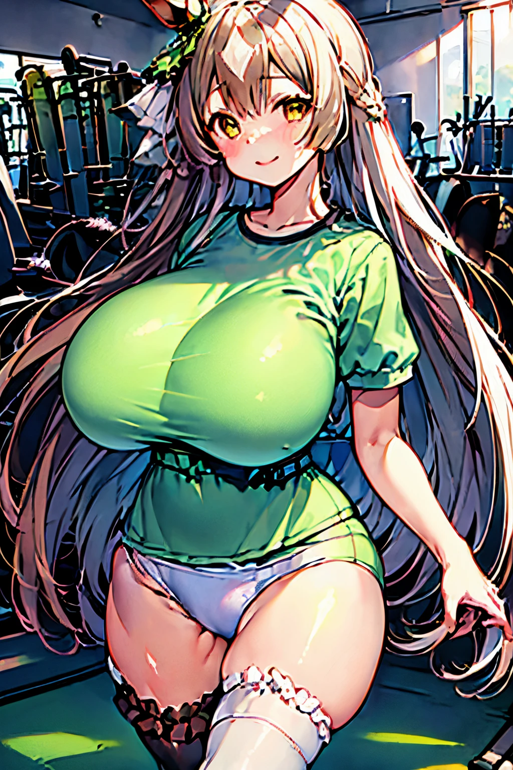 1girl in, Smile, Green dress,, Best Quality, masutepiece, ultra-detailliert, Illustration,Umamusume、,((ultra gigantic tits)),(((((bloomer))))),(((((white shirt))))),(((((gym clothes)))