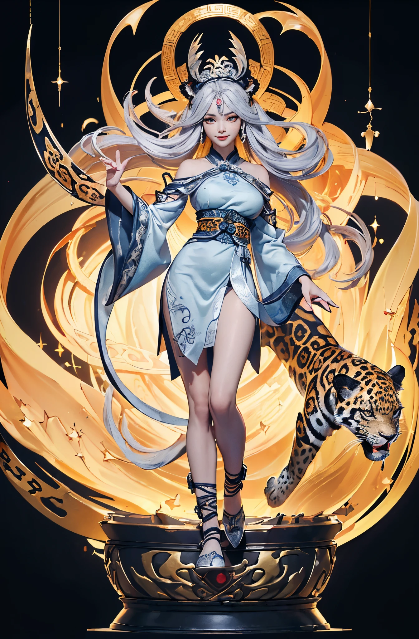 ((Sculpture design)),((full body portrait of person:1.6)),((undying)),((tmasterpiece)),【Create a LOGO based on:(jungle spirit,Appear in female form,),(Chinese mythology:1.5),(There is a jaguar next to me:1.6,complete jaguar:1.6),(A MILF,熟妇,mature,big chest and thin waist,long leges,Goddess Fan,),(wildness),(Enchanting figure),(Perfect woman),(Long layers of silver hair:1.4),ear nipple ring,Large breasts,Expose breasts exposed,((Headdress symbolizing God))】,((Fluttering skirts)),(dunhuang:1.2),((Sexual suggestiveness)),(Computer graphic arts:1.4), (s fractal art: 1.2),(( 32K,A high resolution,hyper HD,)), (( Professional Quality,Perfect photography, ray traycing, perfect volumetric lighting, hight quality octane render, High quality vectors)), ((hyper-detailing:1.2,Complicated details:1.2)), ((ultra real photo,フォトリアリスティック,3 Rendering)),((epic image)),(Blind box toy style:1.6),((simple backgound,Deep dark background:1.2,with black background)),((Detailed faces)),((詳細な目)),((Clean the skin)),(correct hand:1.6),(Complete and beautiful five fingers:1.6),(Head and body proportion anatomical model:1.6),(Anatomically correct perspective and occlusion:1.5),(Correct anatomy:1.5),(Add a base:1.6),(Tangled pedestal::1.6),(Character centered:1.4),(Warm color palette),