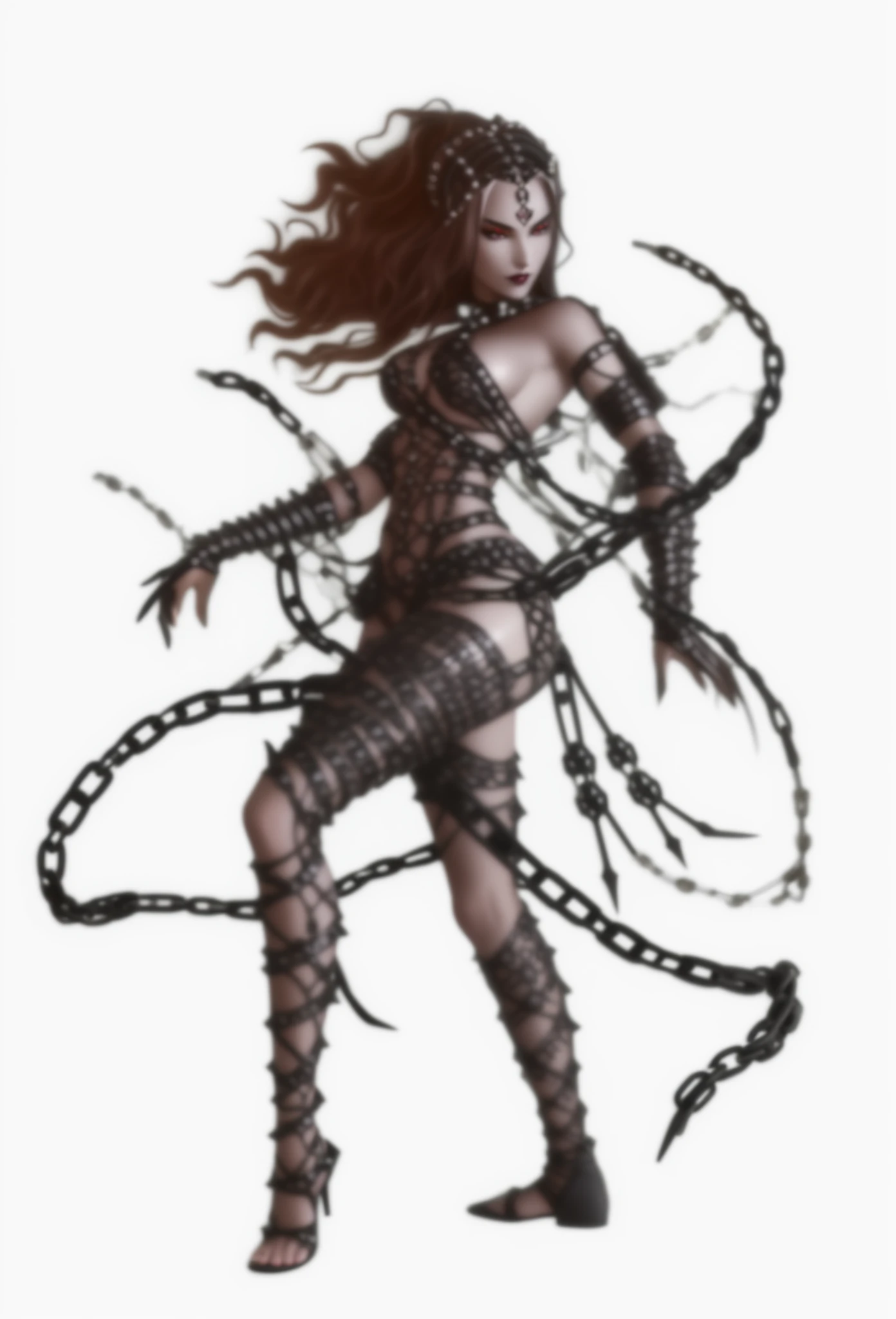 a close up of a woman in a bodysuit with chains around her, dark demonic dancer, dark goddess, dark sorceress full view, lolth, dark sorceress fullbody pose, snake woman hybrid, eldritch goddess, female humanoid creature, dark elf maiden, dancer of the underworld, female necromancer