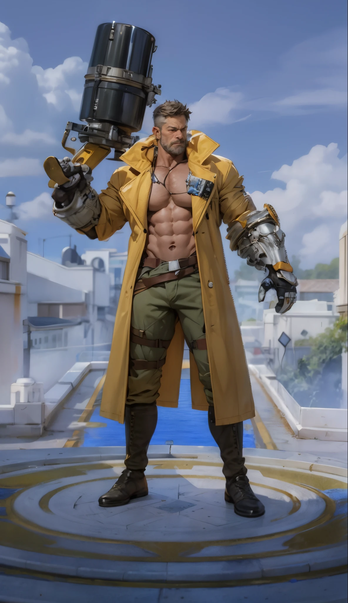 A middle-aged man around 50, uncle , chibi ,muscle , naked .