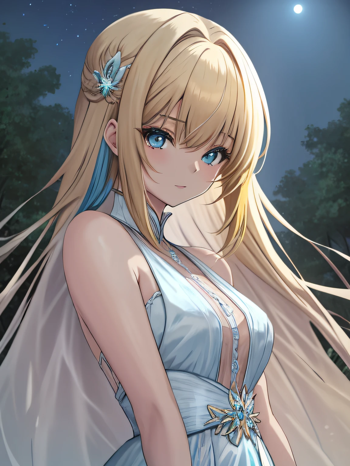 ((anime)) (Anime style) A very pretty girl with blonde and blue hair. ((cabello de 2 colores)), Cuerpo esbelto pero elegante con una figura de reloj de arena perfectamente proporcionada., con cabello ondulado y ojos azules, tiene luz, almost pale skin (piel jaspeada). Ella es una mujer hermosa, ella lleva un elegante vestido blanco y azul agua, que se adapta a su cuerpo. Ella adopta una pose heroica, ella tiene una mirada traviesa (ojos de anime, ojos detallados, Cara detallada, Cara hermosa) mientras mira alrededor de una laguna en un bosque nocturno iluminada por una hermosa luna llena. 128K Ultra High Definition, 128K Calidad ultra alta, 128K Ultra High Resolution, Best Definition, La mejor calidad, better resolution, perfectamente detallado, Perfectly designed, extremadamente detallado, Extremely designed, hiper detallado.