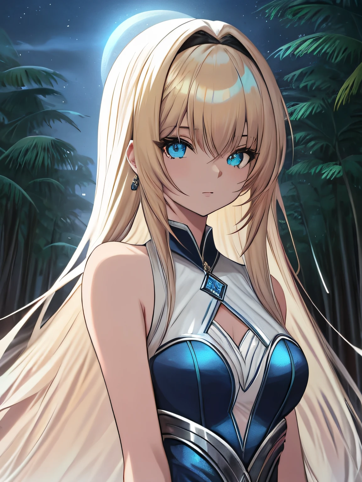 ((anime)) (Anime style) A very pretty girl with blonde and blue hair. ((cabello de 2 colores)), Cuerpo esbelto pero elegante con una figura de reloj de arena perfectamente proporcionada., con cabello ondulado y ojos azules, tiene luz, almost pale skin (piel jaspeada). Ella es una mujer hermosa, ella lleva un elegante vestido blanco y azul agua, que se adapta a su cuerpo. Ella adopta una pose heroica, ella tiene una mirada traviesa (ojos de anime, ojos detallados, Cara detallada, Cara hermosa) mientras mira alrededor de una laguna en un bosque nocturno iluminada por una hermosa luna llena. 128K Ultra High Definition, 128K Calidad ultra alta, 128K Ultra High Resolution, Best Definition, La mejor calidad, better resolution, perfectamente detallado, Perfectly designed, extremadamente detallado, Extremely designed, hiper detallado.