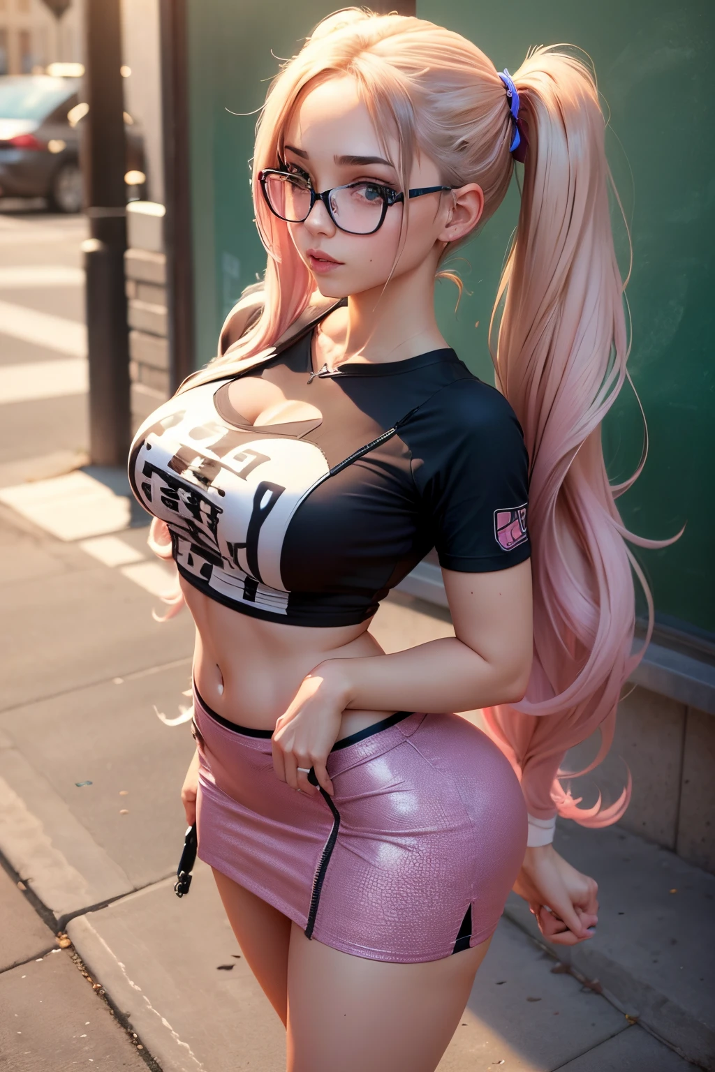 ((medium breasts)), ((erotic, sexy)), 28-year-old student with a printed t-shirt, (tight skirt with a zipper), she will be on the street with her back turned, beautiful detailed eyes, clear face, outlined eyes, (Photo by full body), (Pigtails), shapely ass, wears glasses, sunny day.