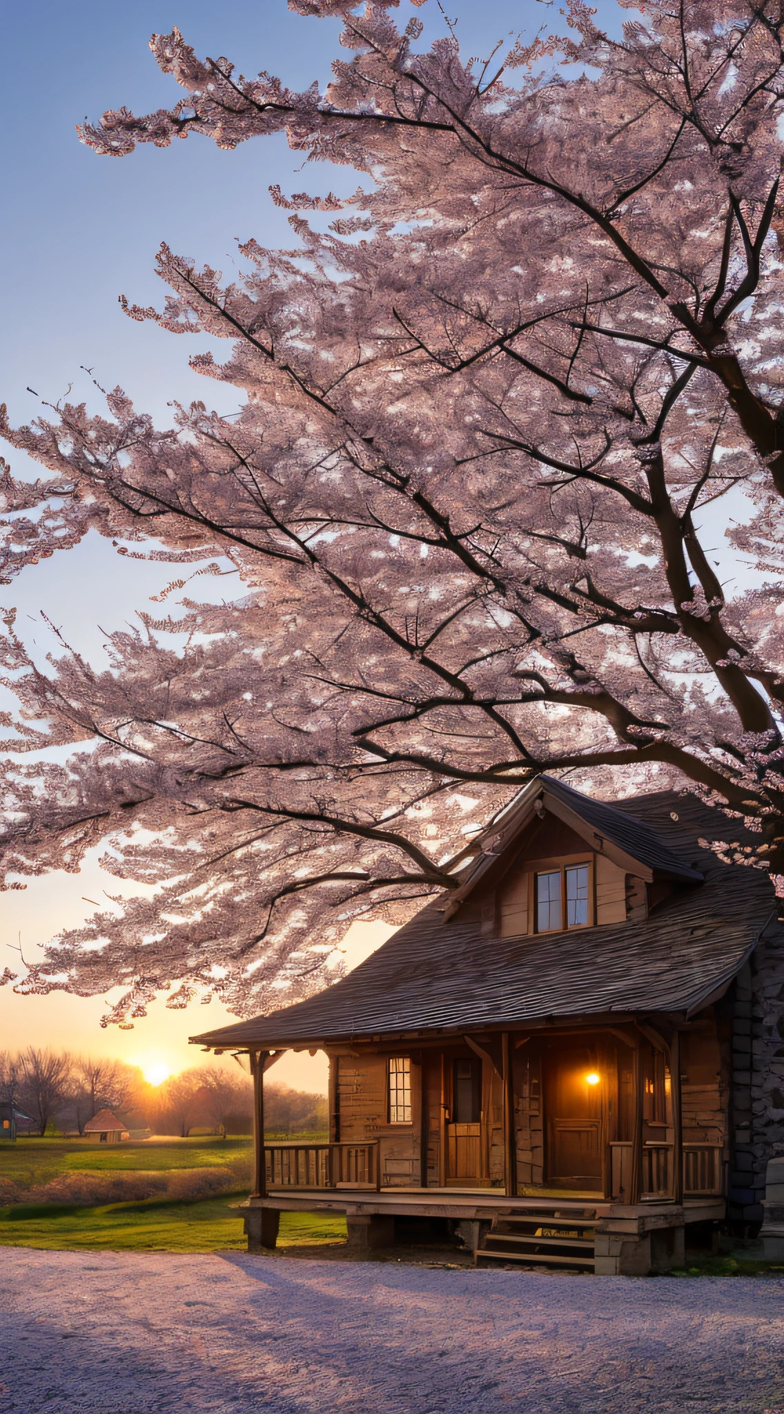 cherry blossom tree, rustic cottage, spring, sunrise, dramatic lighting