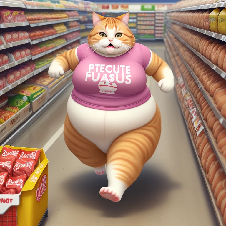 Create a fat cat running through a walmart with hot dogs in its mouth