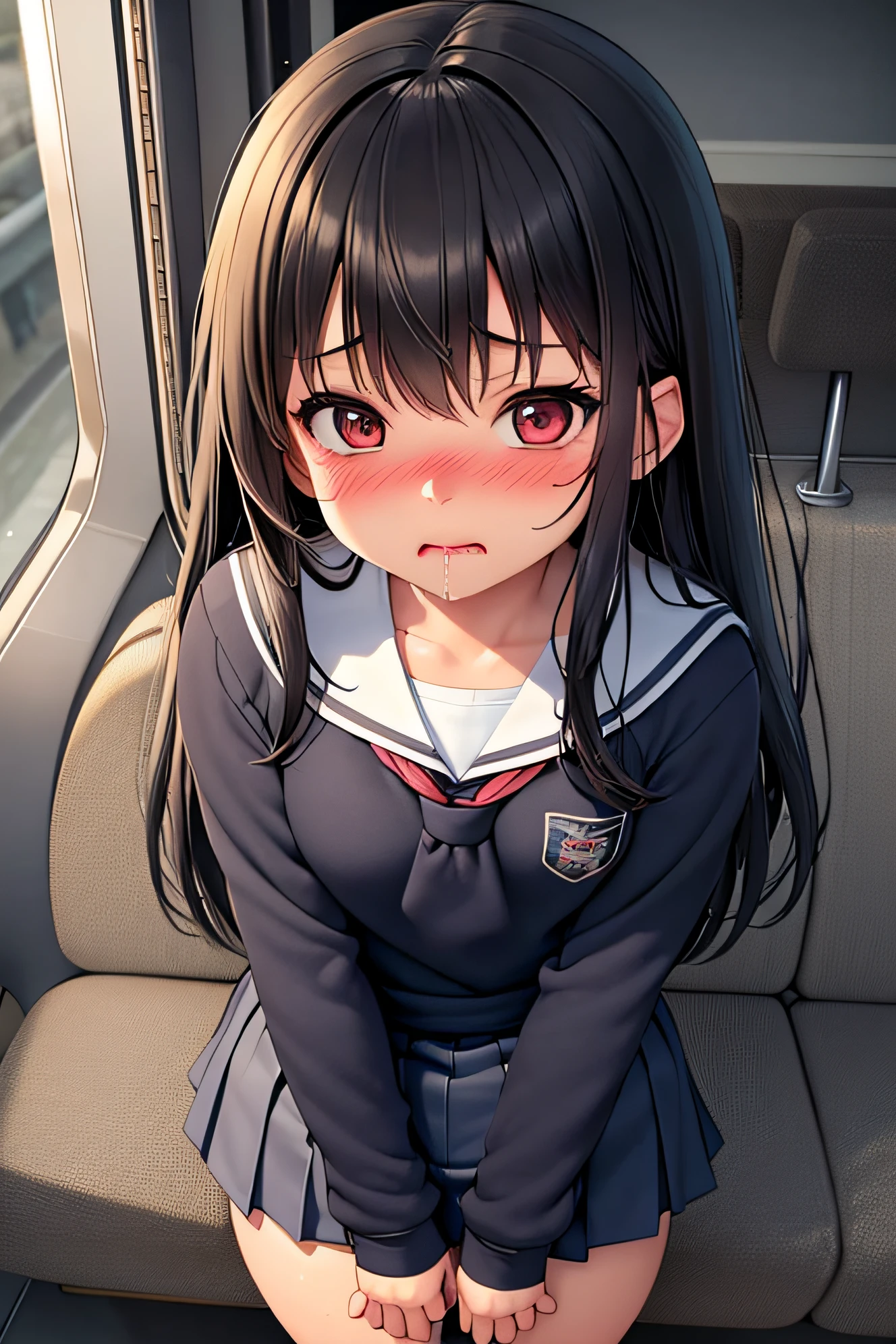 superfine illustration, Perfect Anatomy, Best Quality, Hires, amazing shading, Beautiful skin, 1 little girl, nose blush, Saliva, Ecstasy, Close eyes, ,School Uniforms , Full body, SEX, Yor, touches crotch, (Rubbing the crotch with your hands:1.2),By train,, suggestive pose,