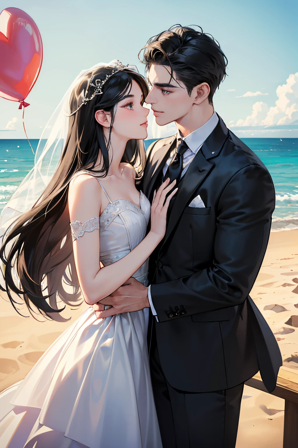 (masutepiece, Digital Art, Digital Illustration, 4K, 8K, Ultra-detailed, beautiful image, Sharp Image, Photorealistic, Raw photo, Perfect face, Perfect lines, Perfect eyes, Soft lighting) ,1 woman, (Long Black Hair,straight haired,Bullish gaze,Beautie,ellegance,Solid makeup,23 y-o woman,small tits:1.3),Two handsome men in suits, (ember,well-muscled,Firm shoulder width,Adult male,Boyish hairstyle,English gentlemanly style,Man in his 30s with a cool expression,28-year-old man with bright smile:1.2),Show white teeth and smile(embarrassed from,Shy smile:1.1),shores,Beach,beach wedding、innocent smiles,Laugh、couple kissing、kiss、the kiss、Romance、weddingdress、Wedding、seaside chapel、veils、lots of balloons、