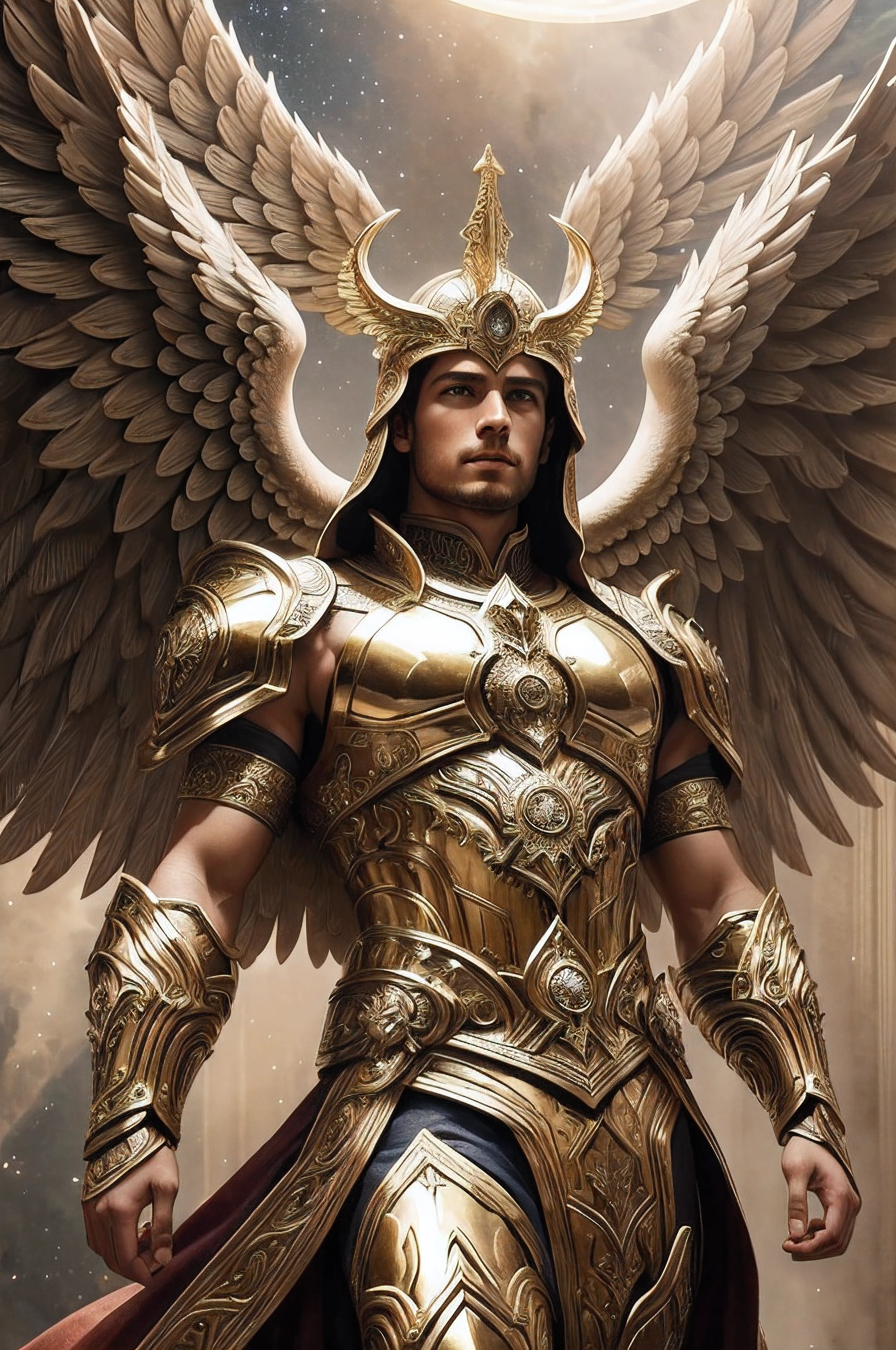 Produce a high-resolution digital image of an imposing and powerful male archangel. O arcanjo deve estar vestido com uma armadura celestial reluzente e ornamentada, conveying a sense of strength and protection. Suas quatro asas majestosas devem se estender extensivamente, displaying intricate details and an ethereal appearance. The scene must be set in a celestial setting, com cores vibrantes e uma atmosfera grandiosa, emanating an aura of nobility and transcendence. Capture the essence of a divine being, combining realistic details and a cinematic style to create an image that inspires awe and awe.