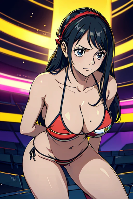 (8k, HighDynamicRange, A high resolution), (((realismo ultrarrealista, tmasterpiece, melhor qualidade, super high resolution)))), (Pin Luz, cinematic lighthing), (Hiperdetalhamento, finamente detalhado),1 de 18 anos ,long black hair,yellow bows ,((olhar timido)),peitos bonitos,camisa transparente,vestido vermelho,bom estilo,,(facing the front there)(((bochechas coradas, Embarrassing expression)),microbikini, Seios colossais,Cortar ,Enfatizar a clivagem, sexy para,Pernas longas, Espalhe as pernas, Clear vision, olhos verdes
