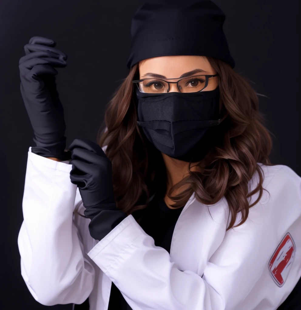 plump woman in a black mask and black gloves holding a black glove, vestindo jaleco e blusa, com jaleco, Retrato de uma patologista, vestindo jaleco, usando jaleco, foto de retrato, wearing lab coat and glasses, usando jaleco, medic, vestindo um jaleco branco, surgeon, usando luvas, Jaleco