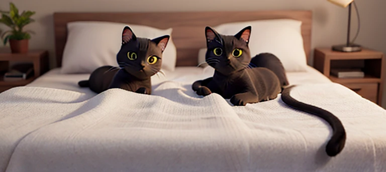 Two black cats laying down on a gray blanket