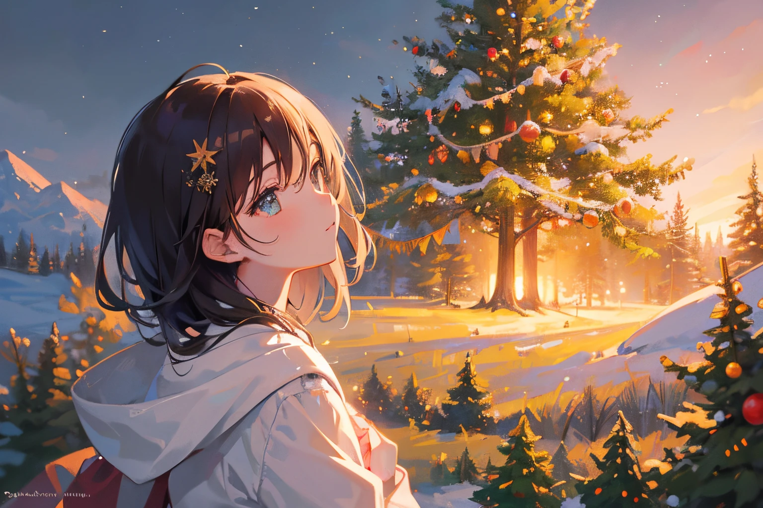 Create exquisite illustrations reminiscent of Makoto Shinkai's style, It has ultra-fine details and top-notch quality. Creating an illustration where every tree in the forest is adorned with Christmas decorations. A girl explores the forest surrounded by numerous Christmas trees. The scene aims for an overall fantastical, nostalgic, and finely detailed artwork. The goal is to capture the magical and heartwarming essence of Christmas in a high-quality illustration