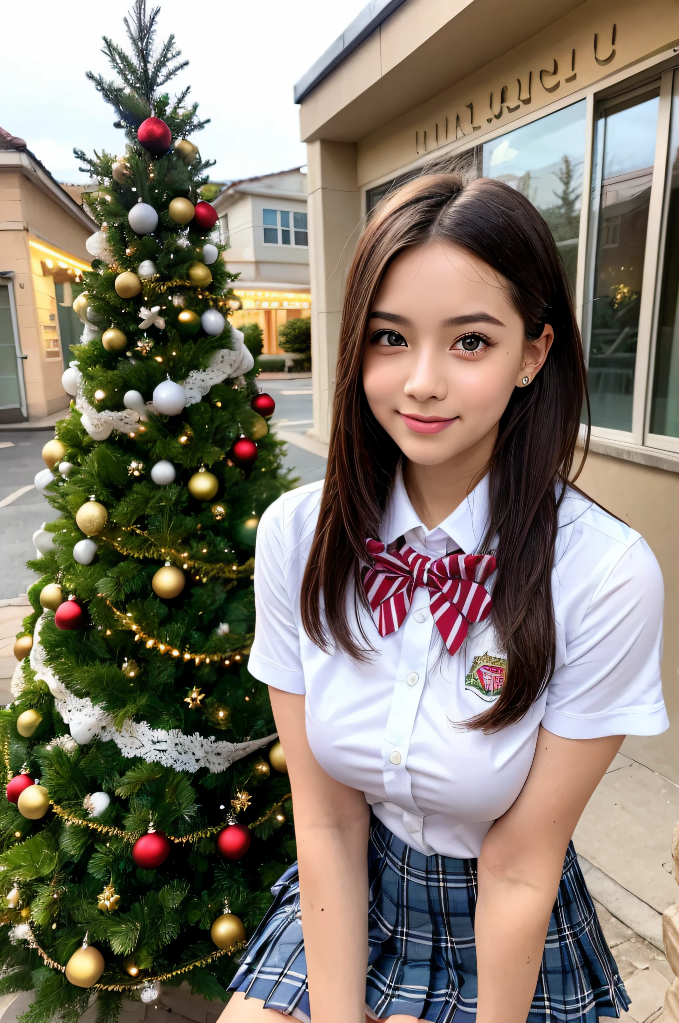 1girl in, Extremely cute face, Amazing face and eyes, (Highly detailed eyes, Highly detailed face), (Hyper-realistic, hight resolution), (Best Quality:1.4), Raw photo, (Realistic, Photorealsitic:1.37), Professional Photography, Cinematic Light, (lace bra:1.25), (Amazing ???????:0.8), (School uniform, Pleated mini-skirt:1.5), (Uniform with open ?????), Smile slightly, Sitting, Spread your ?????????, Staring at me, plein air, city, Christmas tree, Christmas Lights, Christmas Ornaments,
