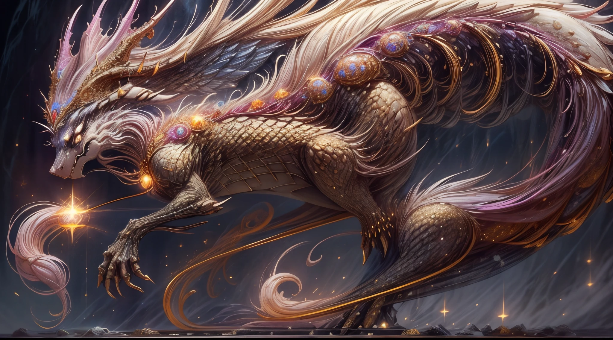 Resplendent, golden scales that capture the light beautifully. Your natural armor is a masterpiece of nature, Centennial Sapphire Eyes emanating an intense light Imposing and Carved Horns Majestic Wingspan. has wings that extend with grandeur. Garras Afiadas e Poderosas destacam-se nas extremidades de suas patas, Flaming Mane Flames dance in a variety of colors, Elegant Tail with Crystal Tip This magical jewel is a focus for your magical powers and an expression of your unique nature. Postura Real e Confiante