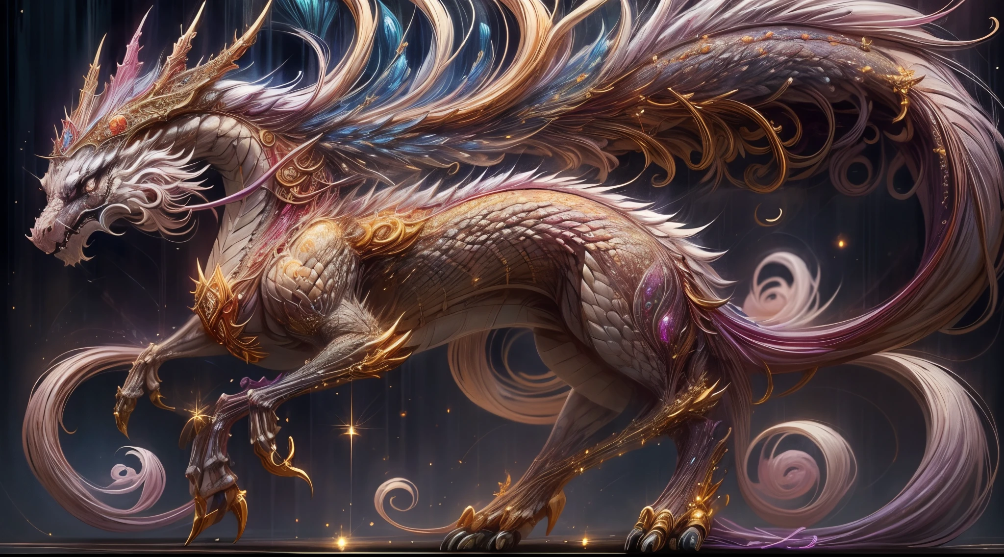 Resplendent, golden scales that capture the light beautifully. Your natural armor is a masterpiece of nature, Centennial Sapphire Eyes emanating an intense light Imposing and Carved Horns Majestic Wingspan. has wings that extend with grandeur. Garras Afiadas e Poderosas destacam-se nas extremidades de suas patas, Flaming Mane Flames dance in a variety of colors, Elegant Tail with Crystal Tip This magical jewel is a focus for your magical powers and an expression of your unique nature. Postura Real e Confiante