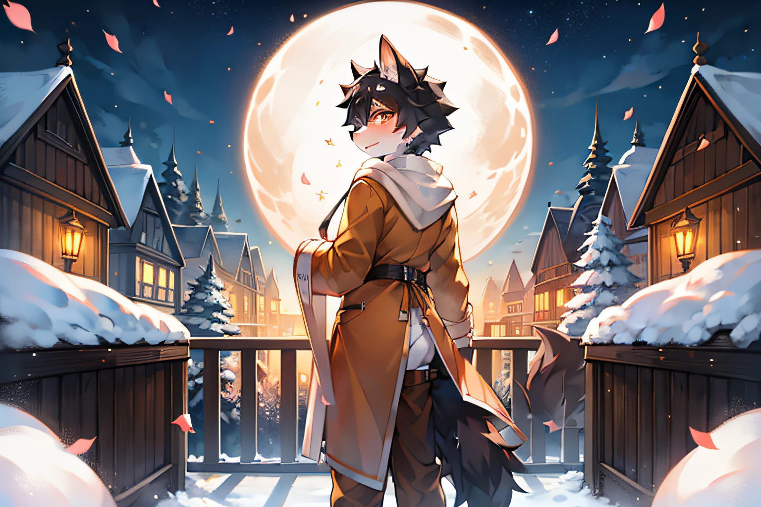 A black-haired wolf,Wearing an orange trench coat,Standing on the roof,White stone railings,moon full,starrysky,stars shining bright,Orange pupils,Crystal pupils,Place your hands on the railing,Peach blossom tree,falling flower petals,White petals,lovely boy,shota,back to look back,Gentle gaze,Oyuki,blanketed in a mantle of snow,Clear face,having fun