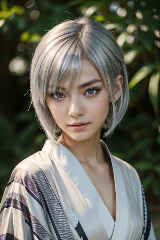 tmasterpiece， Best quality at best， wear kimono, androgyne，bautiful young woman， shinning eyes， （detailedpupils：1.2），Pure， eyeslashes， Beautiful silver hair， Striped hair， multicolour， Medium hair， s the perfect face， A detailed，black skin, very beautiful, delicate beauty