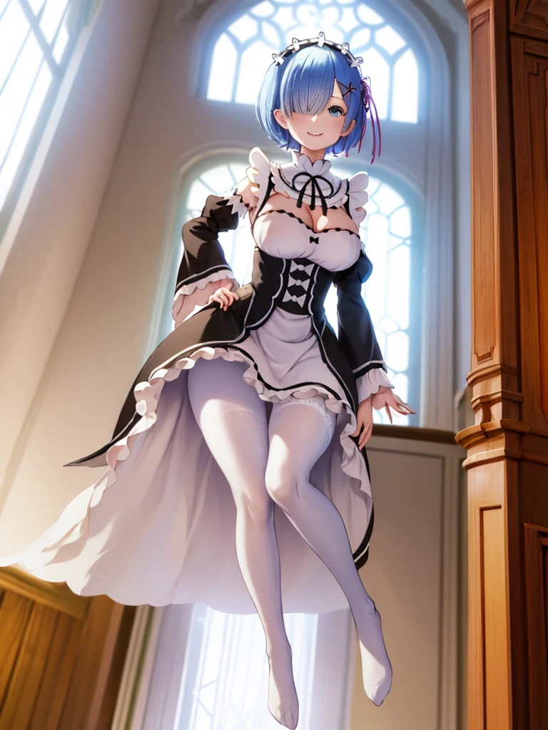 masterpiece, best quality, highres, aarem, short hair, maid headdress, x hair ornament, hair ribbon, hair over one eye, large breasts, frills, neck ribbon, cleavage, dress, detached sleeves, white apron, waist apron, white pantyhose, standing, cowboy shot, smile, indoors, v arms, hand between legs,