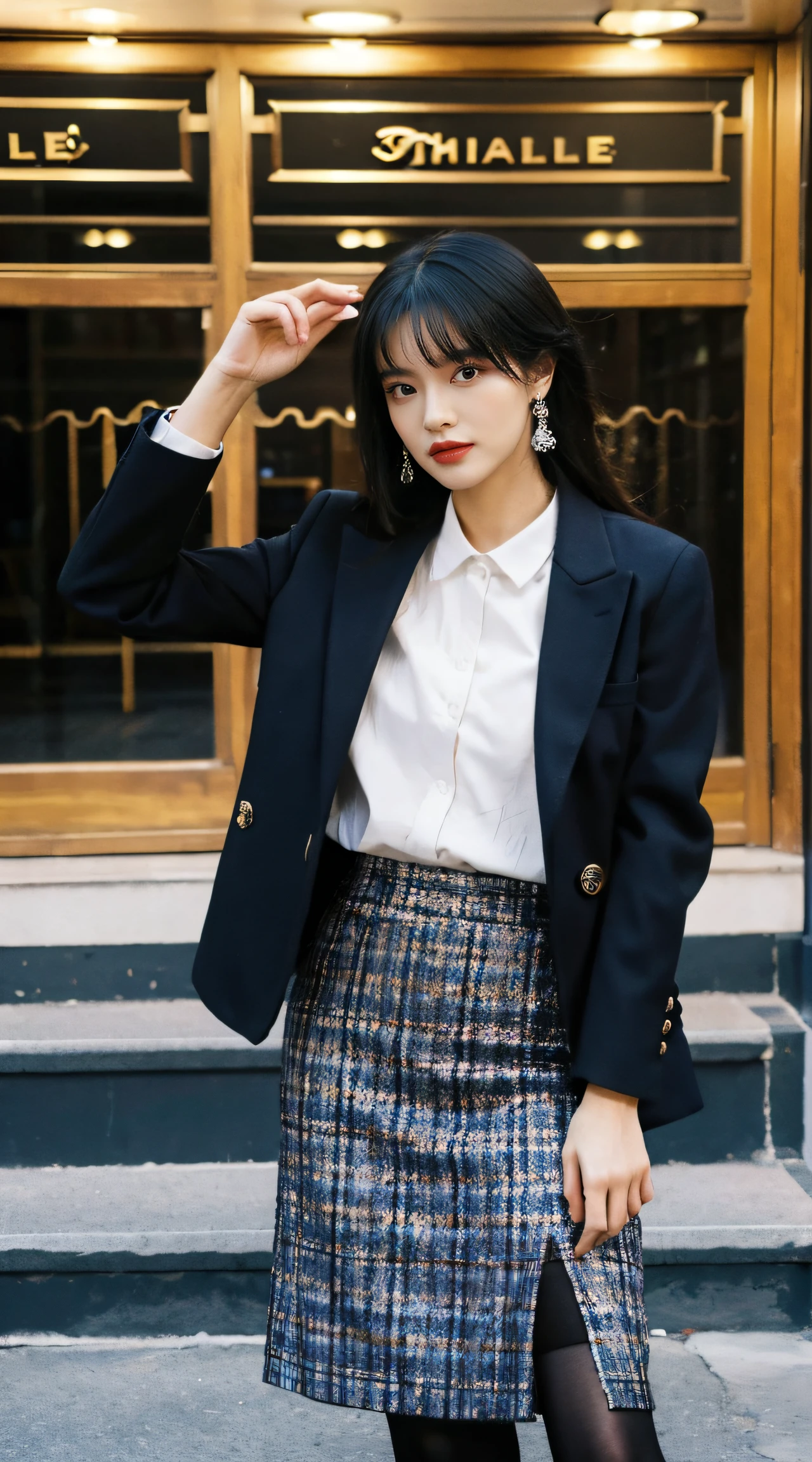 Best quality,tmasterpiece,超高分辨率,(realness:1.4),RAW photos,hyper HD，8K，There is one girl，Stylish clothes,Chanel style，Stylish skinny suit, wearing jacket and skirt,high-class fashion，ellegance, short skirt and a long jacket, Black stockings，best selling, high-heels，Casual pose