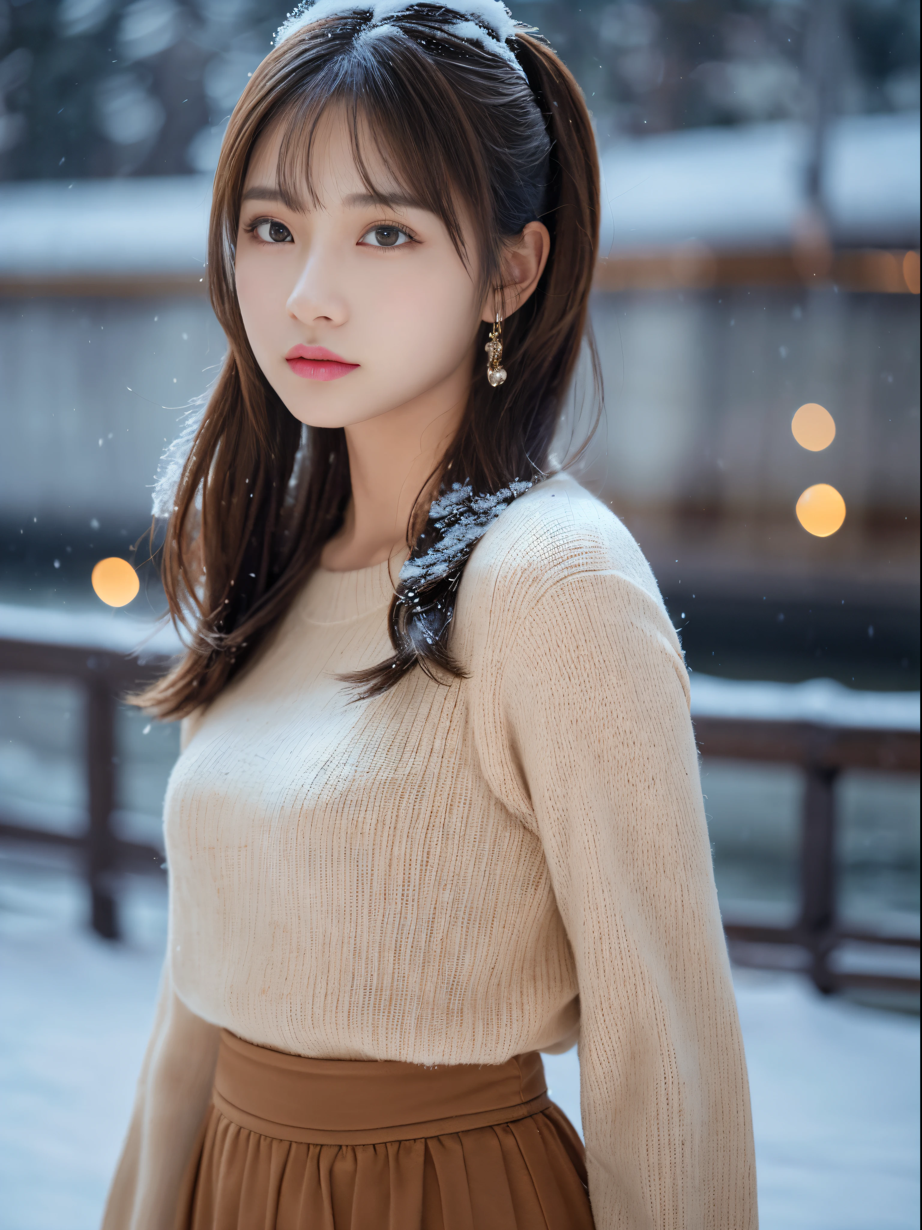 (masterpiece:1.3), (8K, Photorealsitic, Raw photography, The background is a winter park with falling powder snow..........、Top image quality: 1.4), 23-year-old girl、Super Detail Face、Eye of Detail、二重まぶた、foco nítido:1.5、prety woman:1.4、light brown hair、poneyTail、Natural Color Lip、top-quality、masterpiece、超A high resolution、(Photorealsitic:1.4)、very detailed and professional lighting、Women's fashion in winter、long skirt、slender、serious facial expression、Transparent skin、randome pose、Glowing hair、