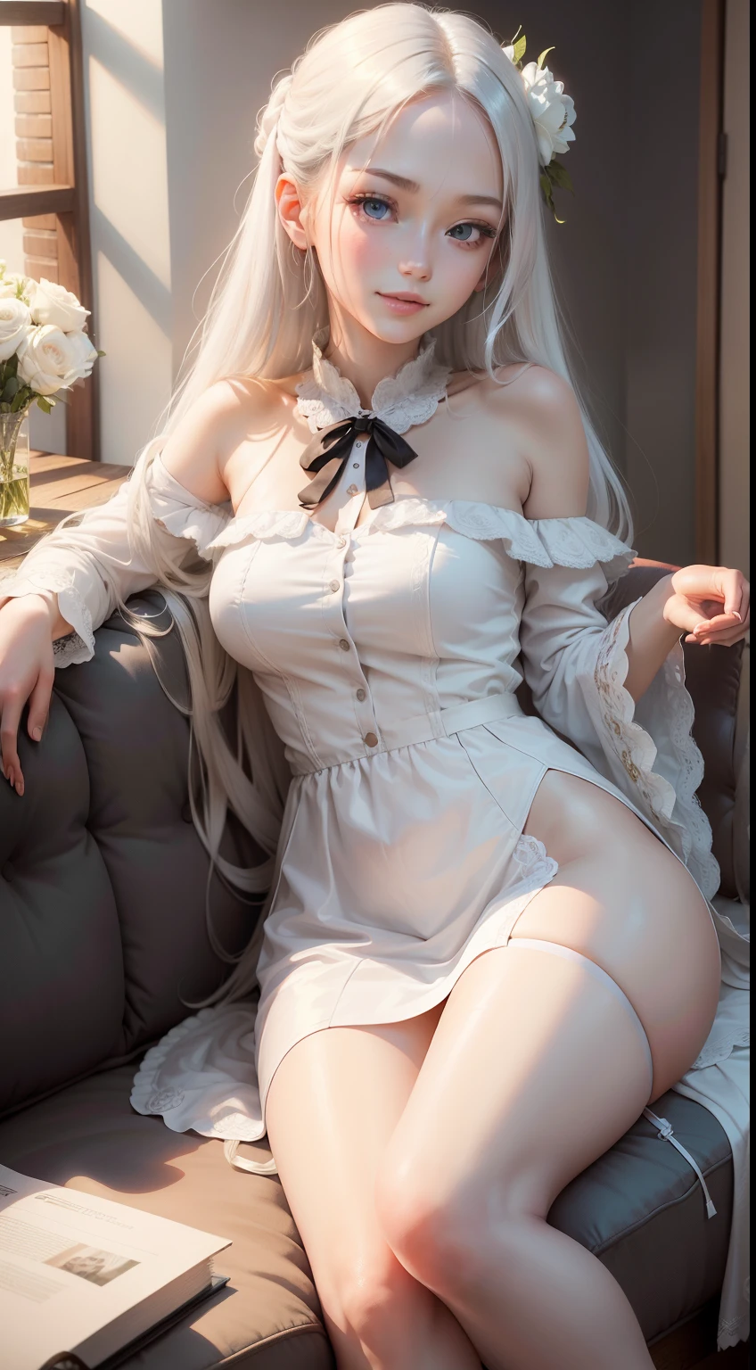 masutepiece, Superb Piece, Daytime, Indoor,sit a chair, Falling flowers, White Dress, 1 girl, A perfect woman, Woman with silver and white long hair, gray blue eyes, pale pink lips, Cold, Serious, Bang, Purple eyes, White clothes, black closing line, Delicate face, Exquisiteface, Standing Bow, tassels, Happiness knot, Smile,Relax on the sofa,open one's legs,white panty