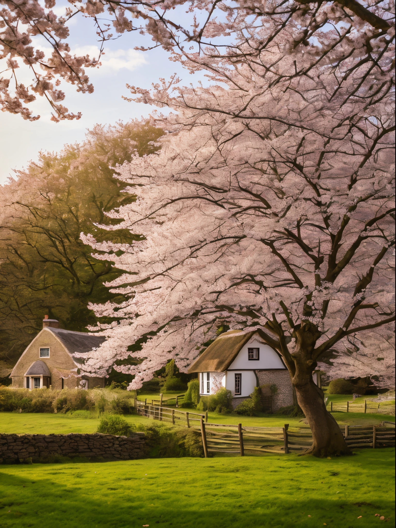 cherry blossom tree, rustic english thatched white cottage, spring, sunset, dramatic lighting, picture postcard, lawn, white fence
