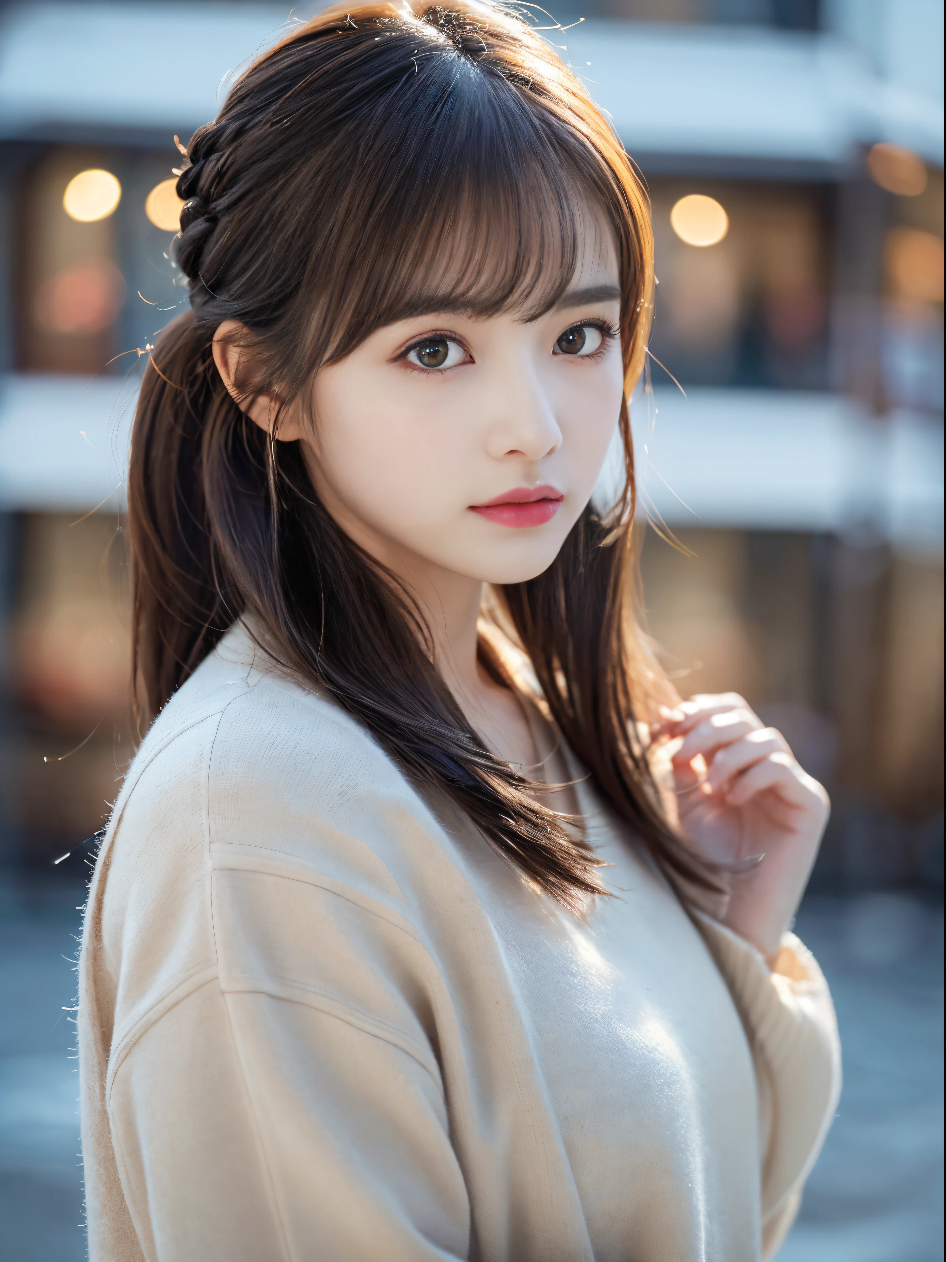 (masterpiece:1.3), (8K, Photorealsitic, Raw photography, The background is a winter park..........、Top image quality: 1.4), 23-year-old girl、Super Detail Face、Eye of Detail、二重まぶた、foco nítido:1.5、prety woman:1.4、light brown hair、poneyTail、Natural Color Lip、top-quality、masterpiece、超A high resolution、(Photorealsitic:1.4)、very detailed and professional lighting、Women's fashion in winter、long skirt、is standing、slender、serious facial expression、Transparent skin、randome pose、Glowing hair、
