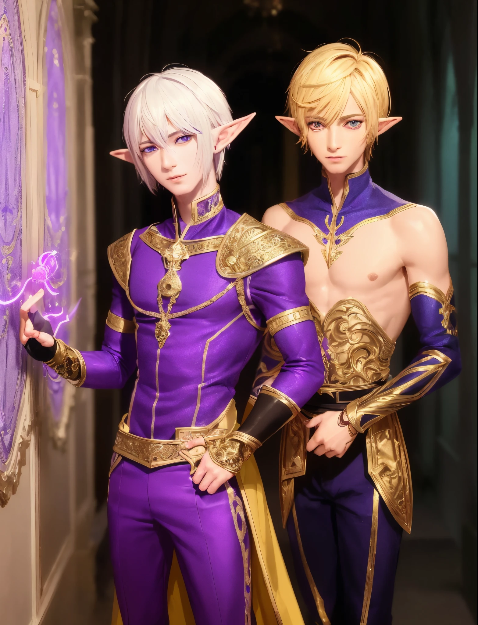 Male elf, slender body, erect penis, short white hair, pale,