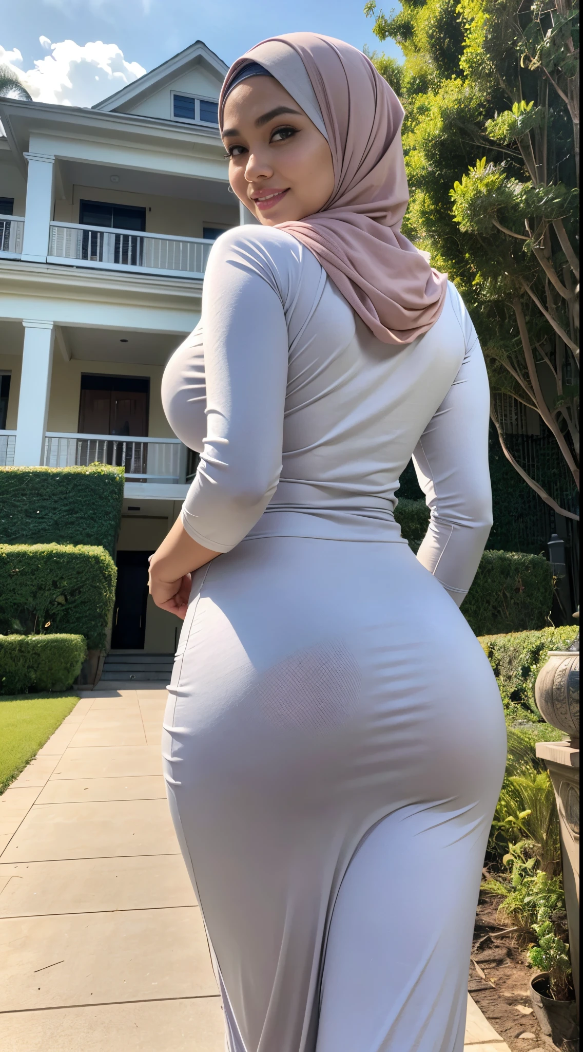 RAW, Best quality, high resolution, masterpiece: 1.3), beautiful Malay woman in hijab,Masterpiece, perfect body, big breast, big gorgeous eyes, Soft smile,beautiful face, malay woman wearing hijab standing in front of luxury house, casual pose, wearing, wearing big long dress casual clothes, tight casual jeans, round buttocks, thick thighs, tight leggings, casually dressed, full body photogenic shot, looking at the audience, smart casual, casually dressed, big round buttocks, from behind, (looking at the audience, looking back, facial details, double eyelids, smiling),(sweet smile:1.1),