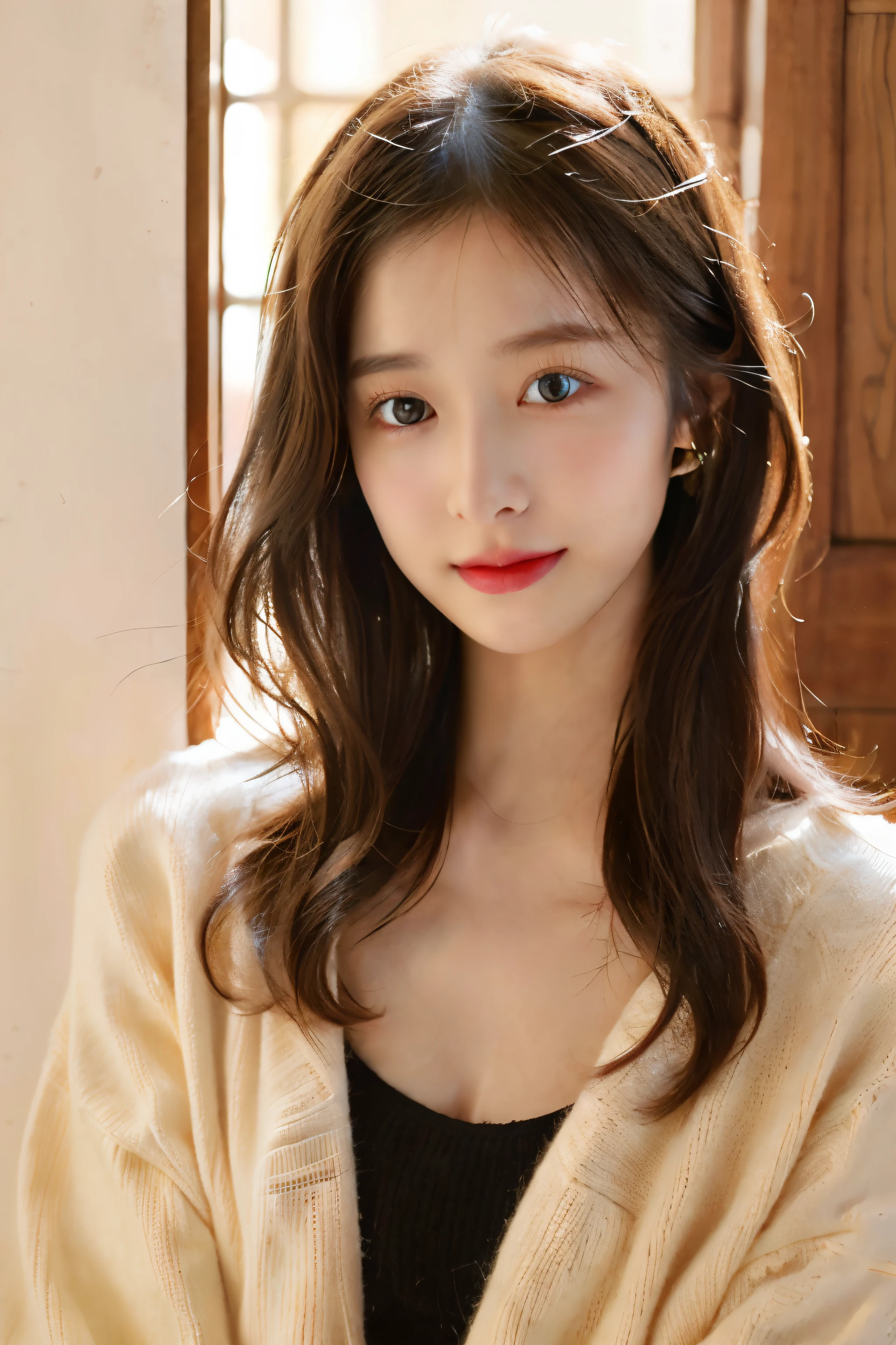 A woman with long hair and a sweater is posing for a photo, Beautuful Women, Gorgeous young woman, girl with, Young adorable face, lovely delicate face, girl cute-fine-face, Beautiful Japan Girl, young and cute girl, cute young woman, Popular Korean Makeup,