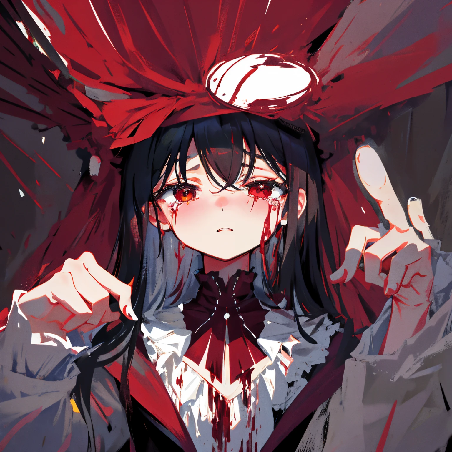 woman standing spitting blood with her heart pierced