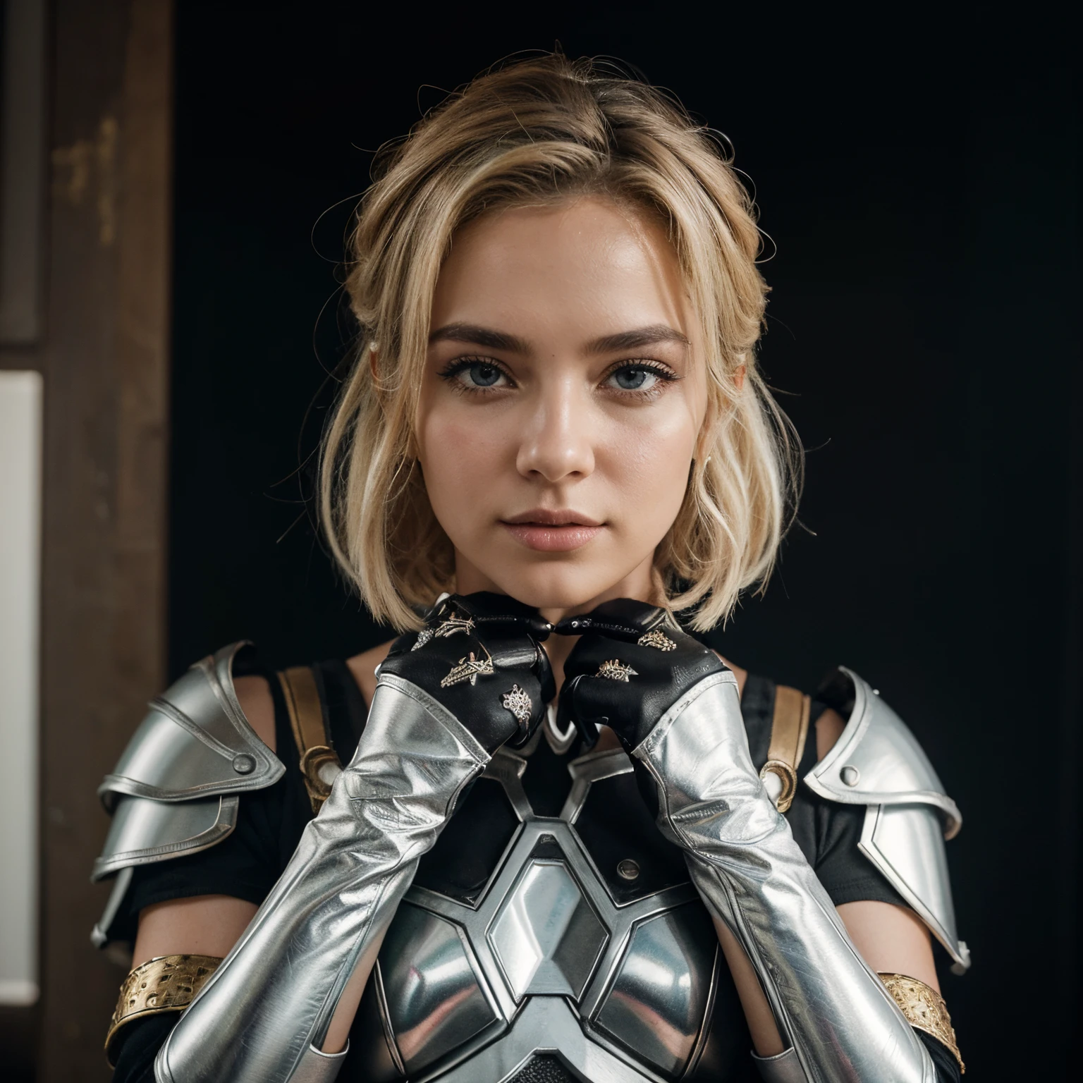 master part, best quality, 1 homem, adulto, Foco masculino, sozinho, medium blonde hair, olhos azuis vibrantes, Luvas, Olhando para o Viewer, cabo, Textura de metal de alta qualidade, semi metal armor, boca fechada, black metallic gloves, parte superior do corpo, franja, gola alta,(KBXLL:0.6), fantasy aesthetic, altamente detalhado