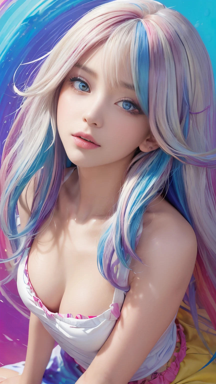 (((masutepiece))),(((Best Quality))),((Ultra-detailed)),(Illustration),(Dynamic Angle), ((floating)),(paint),((disheveled hair)), (Solo),(1girl in), ((Small_breasts)), (((Detailed anima face))),((beautifull detailed face)),Collar,Bare shoulders, White hair, ((Colorful hair)),((striated hair)), Beautiful detailed eyes,(Gradient color eyes),(((Colorful eyes))), (((Colorful background))),(((High color saturation))),(((Surrounded by colorful splashes))),(((surrounded by colorful dot))),colorful bubble,((Shining))
