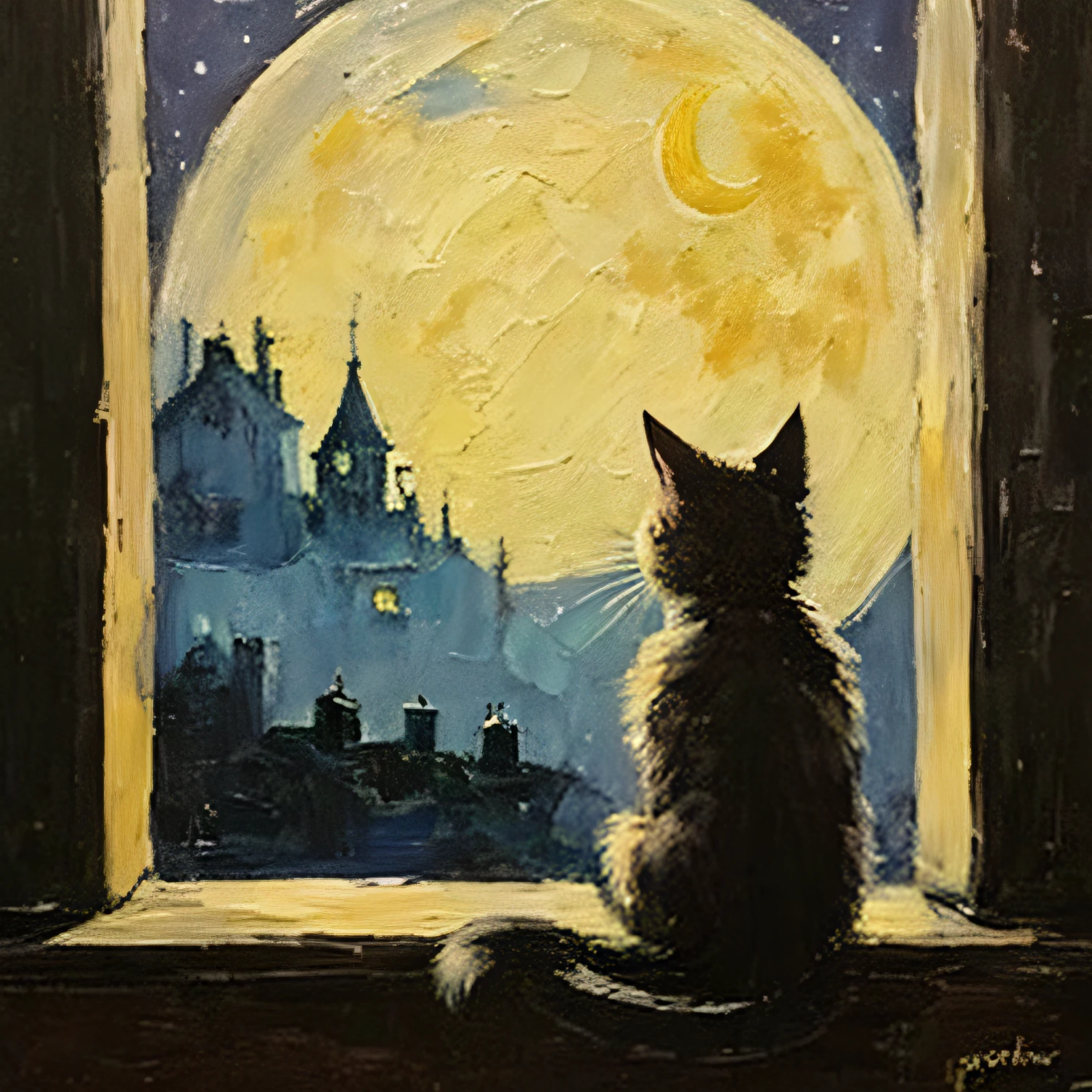 Painting, A cat sitting on the windowsill looking at the moon outside the window., drawing of a cat, acrycle painting, A painting of a cat, looked at the moon, in cat drawings, oil painting of cat, Looking into the distance, an oil painting of a kitten, Catwoman oil painting, In the moonlight, Acrylic and oil painting