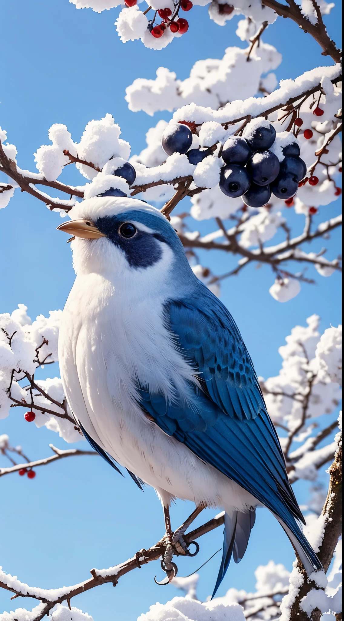 Fros Bird on a snowy Blue fruit tree