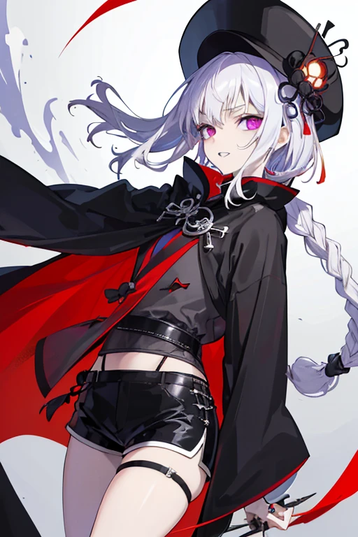 （（tmasterpiece：1.4，Best quality））++，（hyper-detailing）+，（Best quality，hyper-detailing，vibrant with colors，rich colourful，dynamic angle，hight contrast：1.2），A boy with，Height about 135cm，with short white hair，Twist braids，Jellyfish head，Deep purple eyes，Pupils are cross-shaped，Chinese zombie costumes，wearing black shorts，Draped in a black cloak，The cloak features a full moon and clouds pattern，There is a charm attached to the body。There is a Chinese zombie hat on the head。Looks a little scared，National tide background，Black booties，Fashionab， with dynamism， garments， posing on a， frontage， rich colourful， dyna， Background with， element in， self-assured， Expressing the， statement， fittings， A majestic， coil， Runt， Scenes， Cover of a， boldness， attention-grabbing，Fashionab， typeface， Catchy， attention-grabbing， modern day， Fashionab， focal， Fashionab，delicated face，exquisite facial features，National tide，full bodyesbian